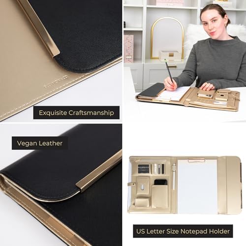 BLU MONACO | Black Vegan Leather Portfolio Binder for Women | Professional Padfolio with Magnetic Closure & Gold Trim | Business Organizer Case for Documents & 8.5 x 11 Notepad - Image 6