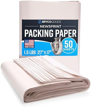 Bryco Goods Newsprint Packing Paper Sheets for Moving - 1.5lb - 50 Sheets of Newspaper Paper - Wrapping and Protecting Fragile Items, Box Filler, Shipping Supplies - 27" x 17" - Made in the USA by BrycoGoods