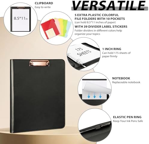 Ospelelf Leather Clipboard with Storage, Zippered Padfolio Portfolio Organizer, 3 Ring Binder 1 Inch, Notepad, Tablet Sleeve, 5 Dividers with Pocket for Office, Nurses, Students, Teachers Black - Image 3