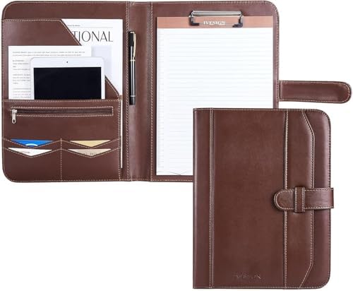 Leather Portfolio Notebook with Folder, Storage Clipboard with Cover for Legal Pad Holder Letter Size A4 Writing Pad for Business School Office Resume Conference Notepad Clip Boards (Brown) by IVESIGN