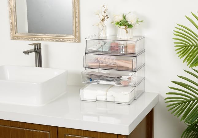Vtopmart 12.1''W Clear Stackable Storage Drawers,3 Pack Acrylic Plastic Organizers Bins for Makeup Palettes, Cosmetics, and Beauty Supplies,Ideal for Vanity, Bathroom,Cabinet,Desk Organization | Clear Pull-Out Plastic Drawers, Stackable Design for Make... - Image 5