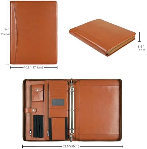 Brown Leather Padfolio for Women/Men, Business Leather Binder 3 Ring Portfolio, Personalized Leather Portfolio Binder, Zippered Portfolio Organizer for A4 Notepad & 13-inch Laptop/Tablet - Image 7