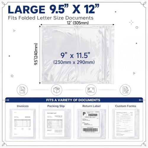 Glenmal 250 Pcs 9.5" x 12" Resealable Packing List Envelopes Clear Self-adhesive Shipping Label Sleeves with Zipper Waterproof Packing List Envelopes for Documents Mailing Labels Invoices Pack Slip - Image 2
