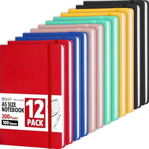 12 Pack Lined Journal Notebook for Work, 200 Pages, Medium 5.5 in x 8.3 in, 6 Colors A5 College Ruled, Hardcover Journaling Notebooks for Writing, Note Taking by BGUP