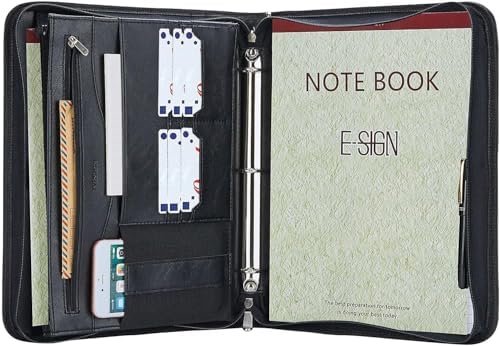 Zippered Padfolio Binder, Faux Leather Organizer with 3-Ring Binder, Left-Handed Design, Business Card Slots & Document Folders - Professional Padfolio for Office (Black) by IVESIGN