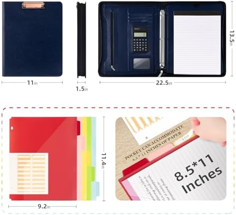 Ospelelf 3 Ring Portfolio Binder with Zipper, Leather Clipboard with Storage, Padfolio Folder for Men, 12.1” Tablet Sleeve, 5 Dividers with Pocket, Refillable Notepad, Card Slot (Navy Bule) - Image 2