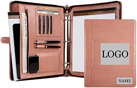DUKE&COW Vegan Leather Portfolio Binder, 3 Ring Binder Padfolio for Women, Pink Folder, Handmade Oranizer, Personalized Resume Folder (Pink, Custom) by DUKECOW