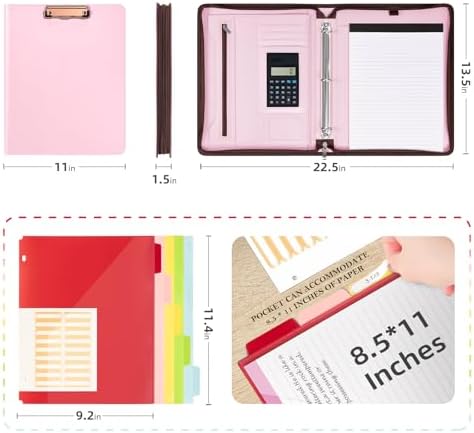 Ospelelf Pink Leather Portfolio Binder 3 Ring, Zippered Clipboard Folder with Storage - 5 Dividers with Pocket, Padfolio for Women,12.1” Tablet Sleeve, Refillable Notepad, Card Slot - Image 2