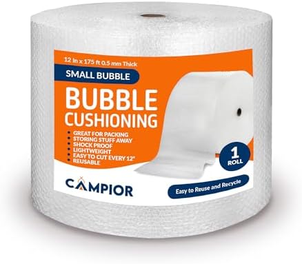 Campior Small Bubble Cushioning Wrap for Moving and Shipping - 175 Ft Bubble Packing Wrap for Packaging Boxes and Mailers, Clear Bubble Roll Moving Supplies, Perforated Every 12 inches, Pack of 1 by Campior