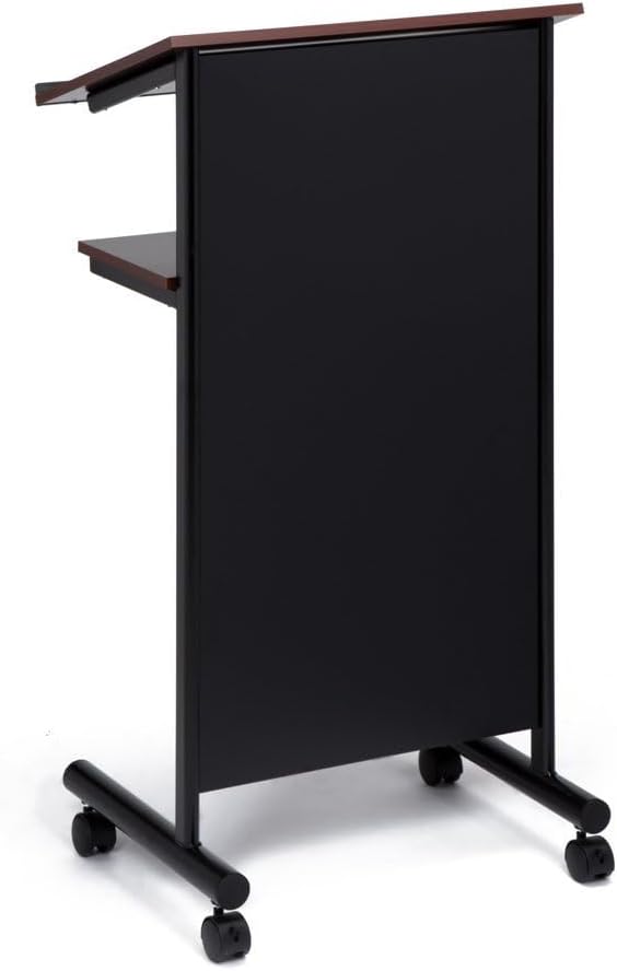 Wheeled Lectern Podium - Standing Desk with Storage Shelf - Cherry/Black - Ideal for Presentations and Laptop Use - Image 8