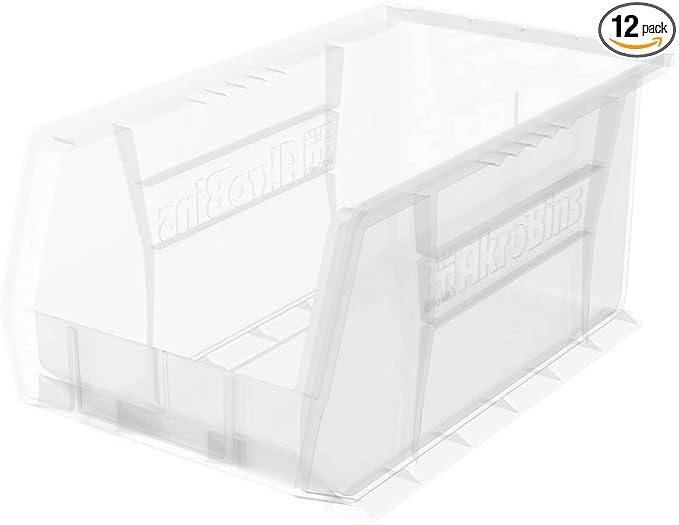 Akro-Mils 30240 AkroBins Plastic Storage Bins, 15"x8"x7", Clear, 12-Pack | Space-Saving Stackable Bins for Garage, Pantry, Craft Organization by Akro-Mils