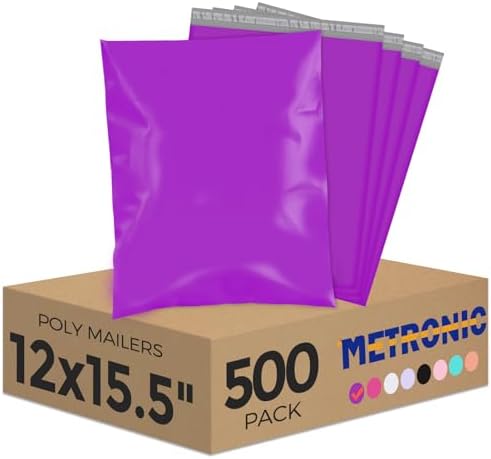 Metronic Poly Mailers 12X15.5 500Pack, Strong Adhesive Shipping Envelopes for Clothing, Waterproof Shipping Bags for Small Businesses, Flexible Mailers Poly Bags Packages Bags Purple by METRONIC