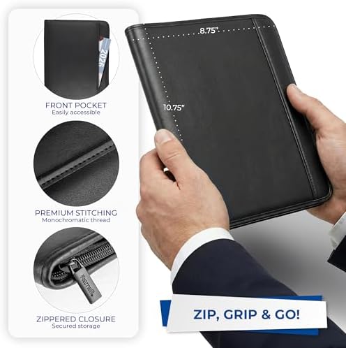 Samsill Professional Padfolio, Faux Leather Junior Portfolio with Zipper, 10.1 Inch Tablet Sleeve, with 7 x 10 Inch Notepad, Black - Image 4