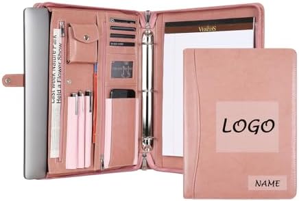 Pink Leather Padfolio for Women, Business Leather Binder 3 Ring Portfolio, Personalzied Leather Portfolio Binder (Pink, Custom) by YLYYHH