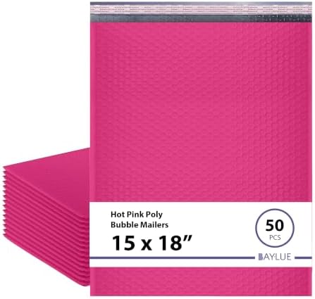 Hot Pink Bubble Mailers 15x18, Self Seal Poly Padded Envelopes #8, 50 Pack by BAYLUE