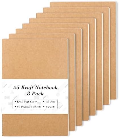 feela 8 Pack A5 Kraft Notebooks, 60 Lined Blank Pages Travel Journal Bulk, Soft Cover Notebooks for Women Girls Students, Making Plans Writing Memos Office School Supplies, 8.3 X 5.5 in by feela