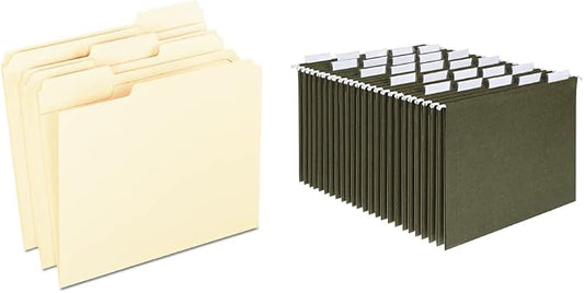 Pendaflex Reinforced File Folders, Letter Size, Manila, 1/3-Cut, 100 Per Box & Hanging File Folders, Letter Size, Standard Green, 1/5-Cut Adjustable Tabs, 25 Per Box by Unknown