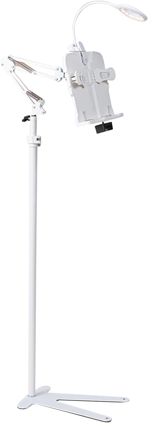 Book Stand for Bedsid, Book Light and 2 Spring Clips, with Phone Holder, Long Arm Table Music Stand, Adjustable Height Angle, for Laptop Phone Tablet, for Cookbooks, Textbooks, Magazines by Buhelyc
