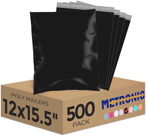 Metronic Poly Mailers 12X15.5 500 Pack, Self Seal Shipping Bags for Clothing, Waterproof and Tear-Proof Shipping Envelopes for Business, Mailers Poly Bags Packaging Bags, Black by METRONIC