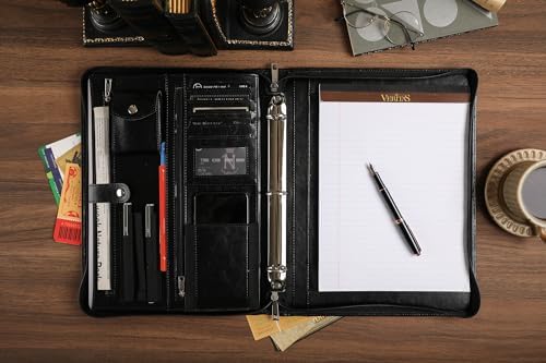 Black Leather Padfolio for Women/Men, Business Leather Binder 3 Ring Portfolio, Personalized Leather Portfolio Binder, Zippered Portfolio Organizer for A4 Notepad & 13-inch Laptop/Tablet - Image 4