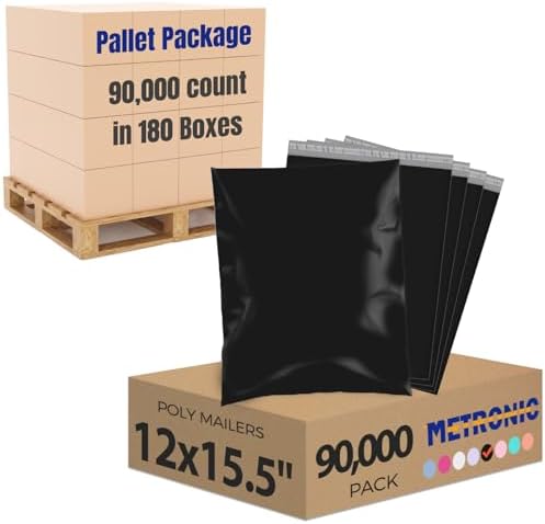 Metronic Poly Mailers 90000 Pack 12 x 15.5, Strong Adhesive Shipping Envelopes for Clothing, Waterproof Shipping Bags for Businesses, Flexible Mailers Poly Bags, Packages Bags Bulk, Black by METRONIC