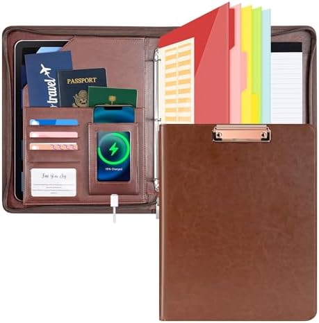 Ospelelf Zippered Padfolio Organizer, Faux Leather 3 Ring Binder with Clipboard, Letter Size Business Portfolio with Notepad, Tablet Sleeve & Phone Pockets for Office Work Brown by OspelelfOfficeSupplies