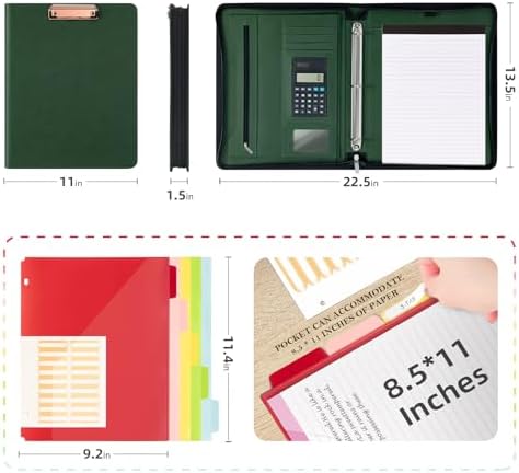 Ospelelf Green Clipboard with Storage 3 Binder Leather Portfolio Folder with Zipper, 12.1” Tablet Sleeve, 5 Dividers with Pocket, Refillable Notepad, Card Slot - Image 2