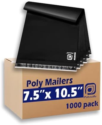 POLYSELLS 1000 pcs 7.5x10.5 Inches Black Poly Mailers Shipping Envelopes, Strong Adhesive Sealing, Waterproof, and Tear-resistant Postal Mailing Bags for Clothing, Books, and Accessories by POLYSELLS