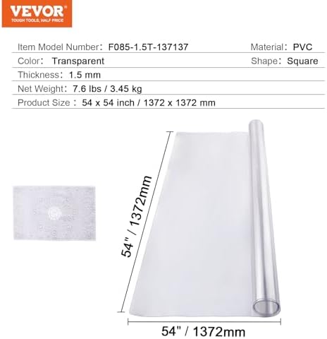 VEVOR Plastic Table Cover, 54 x 54 Inch 1.5 mm Thick Clear Square PVC Desk Mat Protector, Waterproof & Easy Cleaning Desk Pad Tablecloth, for Office, Dresser, Dining Room, Night Stand - Image 7