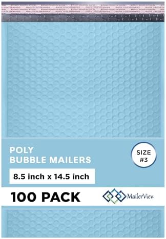 Light Blue Bubble Mailers 8.5x14.5 Poly Padded Envelopes #3 100 Pack by MAILERVIEW