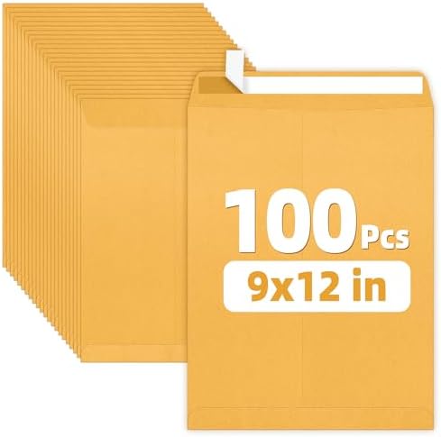 SUNEE 9 x12 Manilla Envelopes, 28lb Brown Kraft, Ultra Strong Quick-Seal Security Catalog Mailing Envelopes for Flat Letter Size Documents or Photos, 100 Count by SUNEE