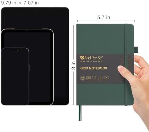 &And Per Se Graph Notebook, 5mm Grid, A5 Hardcover, 160 Pages 100gsm Thick Paper, Grid Journal for Diagrams, Wireframes, CAD Sketches (Green) - Image 2
