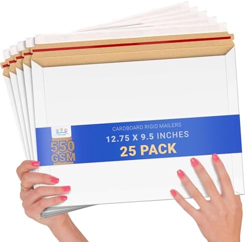 ABC PACK & SUPPLY Rigid Mailers 12.75 x 9.5 Inch, White Cardboard Envelopes, Self Seal Tear Strip, 550 GSM Paperboard, Stay Flat Design, Pack of 25 by ABCPackSupply%C2%AE