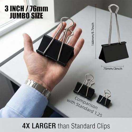3 Inch Extra Large Jumbo Binder Clips (30 Pack)– Sturdy Black Metal Paper Clamps, Bulldog Clips for Office, Home & Classroom, Tempered Steel with 1.5" Capacity for Documents, Files, Craft Boards - Image 2