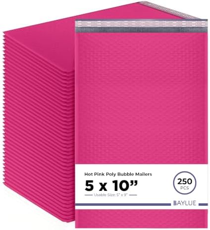 Hot Pink Bubble Mailers 5x10, Self Seal Poly Padded Envelopes #00, 250 Pack by BAYLUE