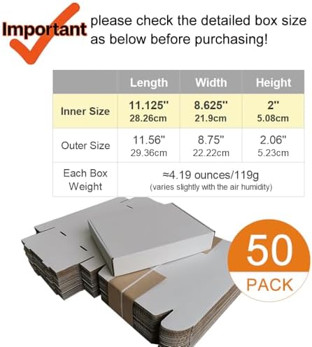 50 Pack 11.125x8.625x2'' Small Shipping Boxes, Corrugated Cardboard Mailers for Business, White (CM1182) - Image 2