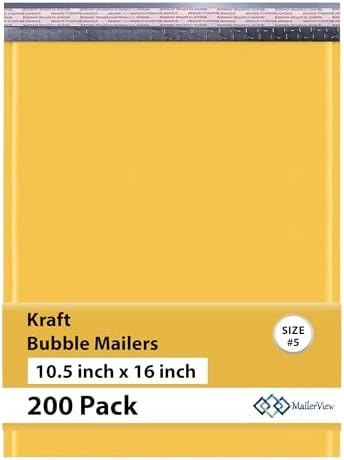 Kraft Bubble Mailers 10.5x16, Self Seal Padded Envelopes #5, 200 Pack Bulk by MAILERVIEW