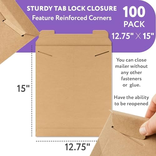 APQ Supply Natural Brown Tab Lock Rigid Mailers, 12.75 x 15 Inch. Pack of 100 Cardboard Envelopes for Photos, Documents. Sturdy Stay Flat Mailers with Tab Lock Closure. Hard Rigid Shipping Envelopes - Image 2