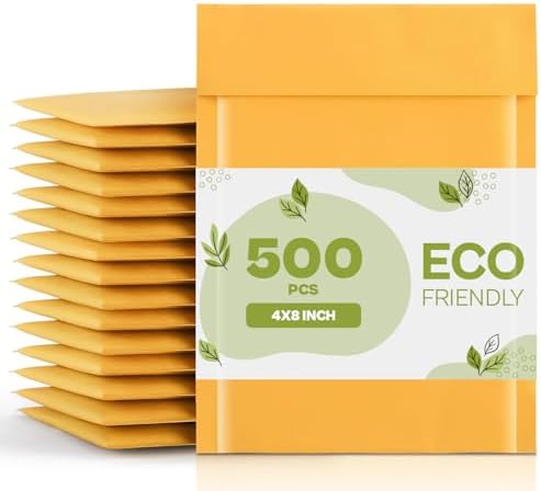 PSBM #000 500 PCS 4 x 8 Inch Kraft Bubble Mailers, Yellow Padded Envelopes, Self-Sealing Peel-Off Strip, Ideal for Shipping CD, DVD, Jewelry, Photos, Magazine, Books, Clothes and More by PackagingSuppliesbymail