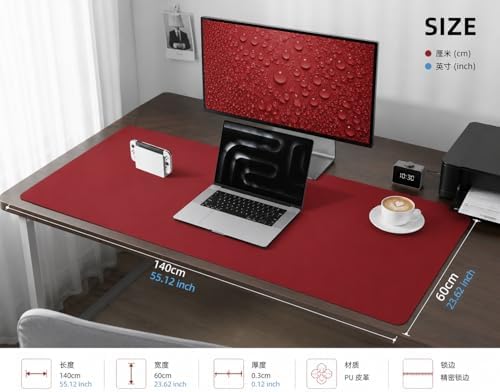 AFIING Large Desk Mat 55" x 24" - PU Leather Desk Pad Protector, Waterproof Non-Slip Extended Mouse Pad for Office Desk, Keyboard, Laptop and Home Workspace Red - Image 5