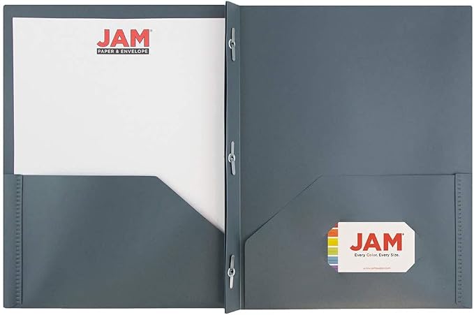 JAM PAPER Plastic Color POP Folders - 2 Pocket Durable Folders with Metal Prongs Fastener Clasps - Grey - 6/Pack - Image 3