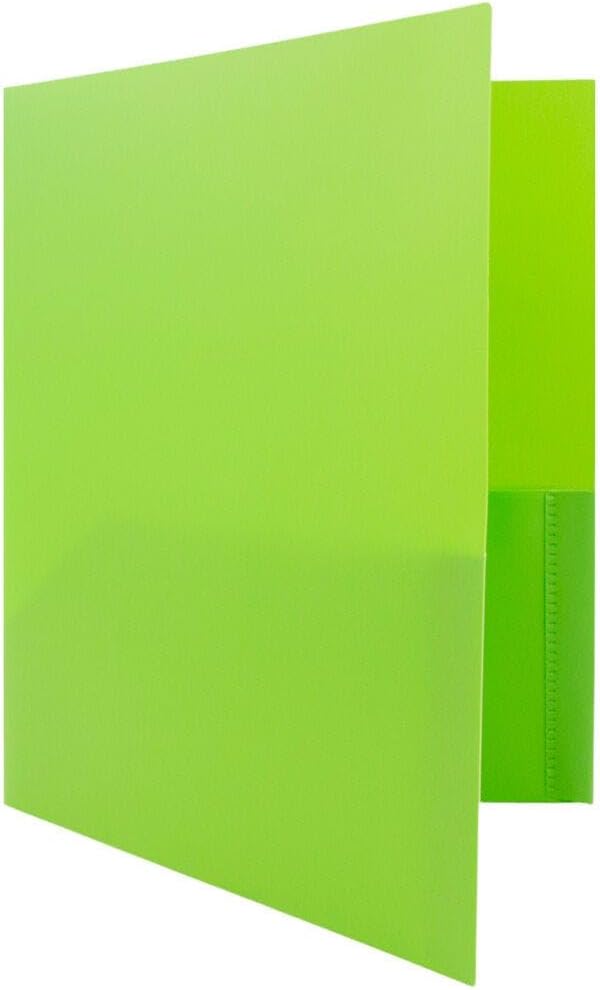 JAM PAPER Plastic 2 Pocket POP Folders - Durable School Folders with Metal Prongs Fastener Clasps - Lime Green - 12/Pack - Image 3