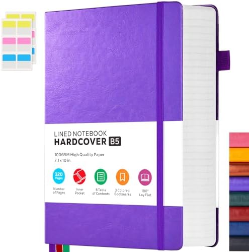 Lined Journal Notebook, 320 pages B5 College Ruled Notebook Journal for Writing Women and Men, Hardcover Leather Journal Notebook for School Office Work, 7.1'' X 10'', Pearlescent Purple Notebook by FOCUSDAY