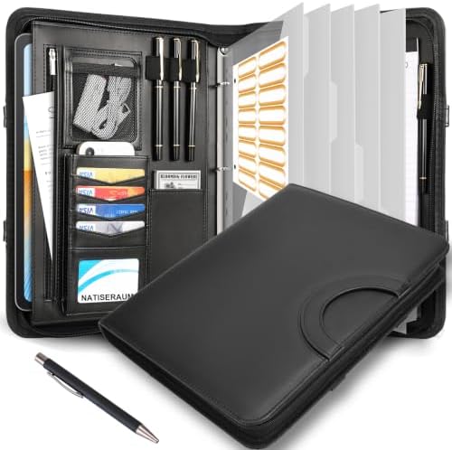 Portfolio Binder 3 Ring Includes Pen and 5 Dividers with 10 Pockets, Padfolio Organizer with Zipper for Men and Women, Includes A4 Notepad for Business, School, Work by NATISERAUM