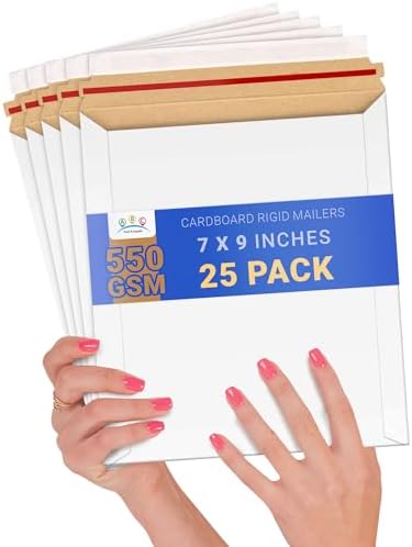 ABC PACK & SUPPLY Rigid Mailers 7 x 9 Inch, White Cardboard Envelopes, Self Seal Tear Strip, 550 GSM Paperboard, Stay Flat Design, Pack of 25 by ABCPackSupply%C2%AE