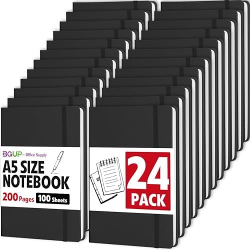 24 Pack Lined Journal Notebook for Work, 200 Pages, Medium 5.5 in x 8.3 in, A5 College Ruled, Hardcover Journaling Notebooks for Writing, Note Taking, Fit for Business Work School Home (Black) by BGUP
