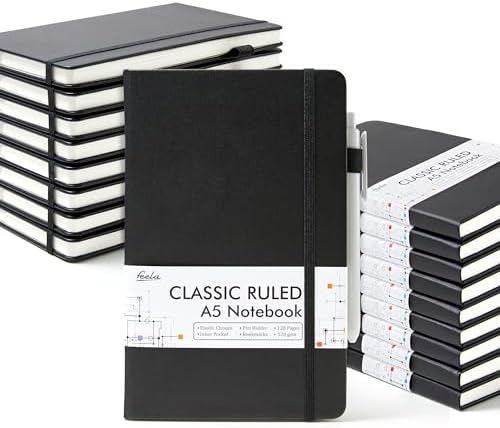 feela 18 Pack Journal Notebook for Work, Business Notebook Bulk Hardcover Lined Writing Journal with Pen Holder for Men Women Note Taking, with 18 Black Pens, 120 GSM, 5.1”x8.3”, A5, Black by feela