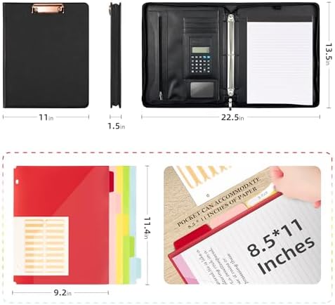 Ospelelf Zippered Padfolio Portfolio Folder, Leather Clipboard with Storage, 3 Ring Binder 1 Inch,12.1” Tablet Sleeve, 5 Dividers with Pocket, Refillable Notepad, Card Slot (Classic Black) - Image 2