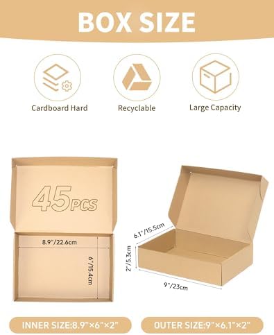 45 Pack Small Shipping Boxes, 9x6x2 Inch Brown Cardboard Boxes for Small Business - Image 2