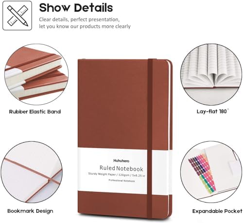 5 Pack Lined Notebook Journals, A5 Hardcover Journals for Writing, Brown - Image 2